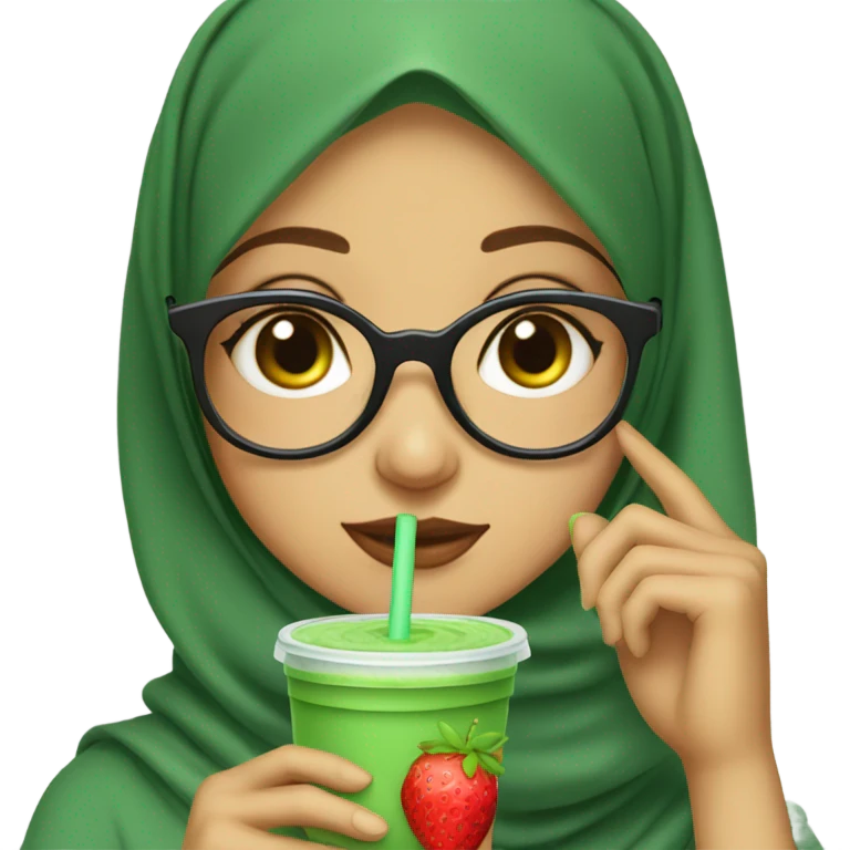 hijabi girl with round glasses and matcha strawberry emoji
