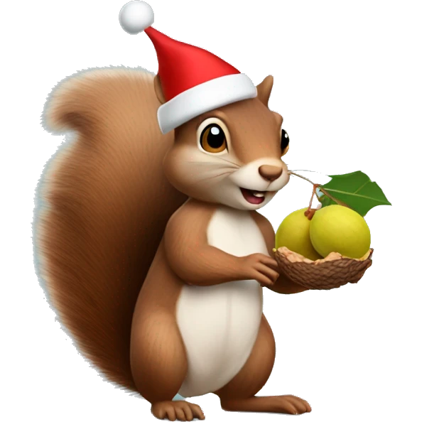 squirrel holding some walnuts and wearing a christmas hat emoji