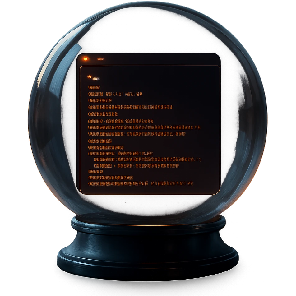 crystal ball with a dark terminal and glowing orange text inside, hacker style, glowing and futuristic, digital and secretive atmosphere emoji