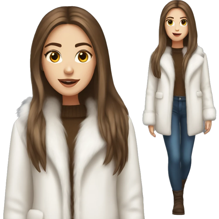 Beautiful white girl with straight brown long hair in white fur-coat emoji