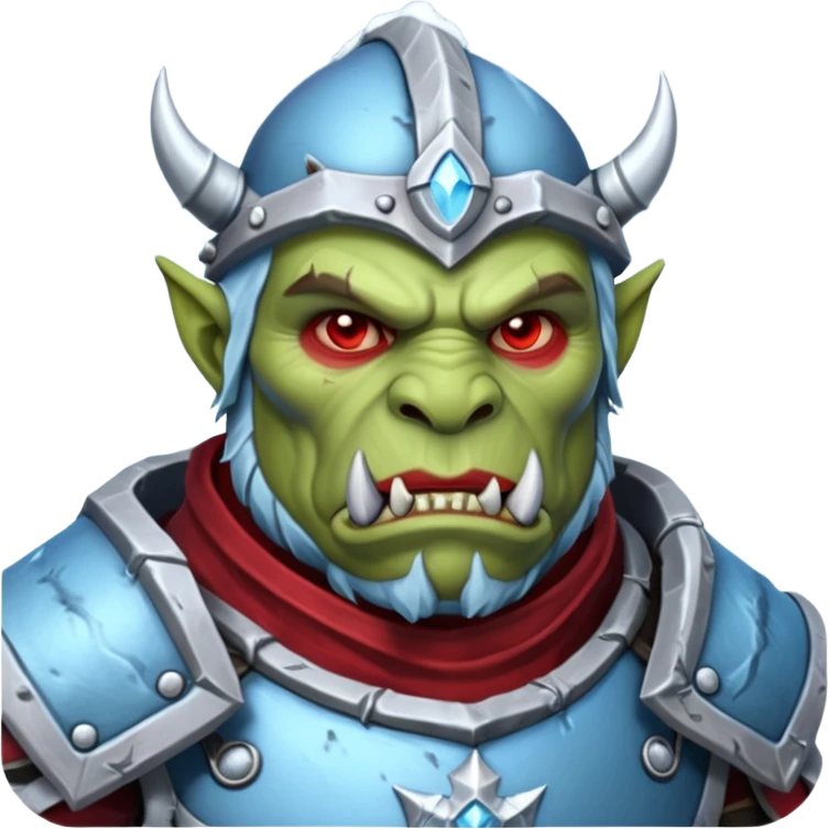 
Fantasy Christmas orc legion soldier icon, iron tundra army theme, heavy winter armor, disciplined brutal look, icy blue steel armor with deep crimson accents, frozen metal texture, cold winter atmosphere, male variant emoji