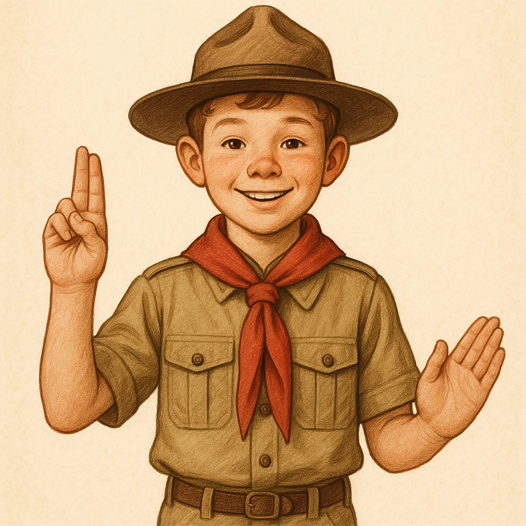 boy scout with hat and scarf, giving the 3 finger salute, friendly and welcoming emoji