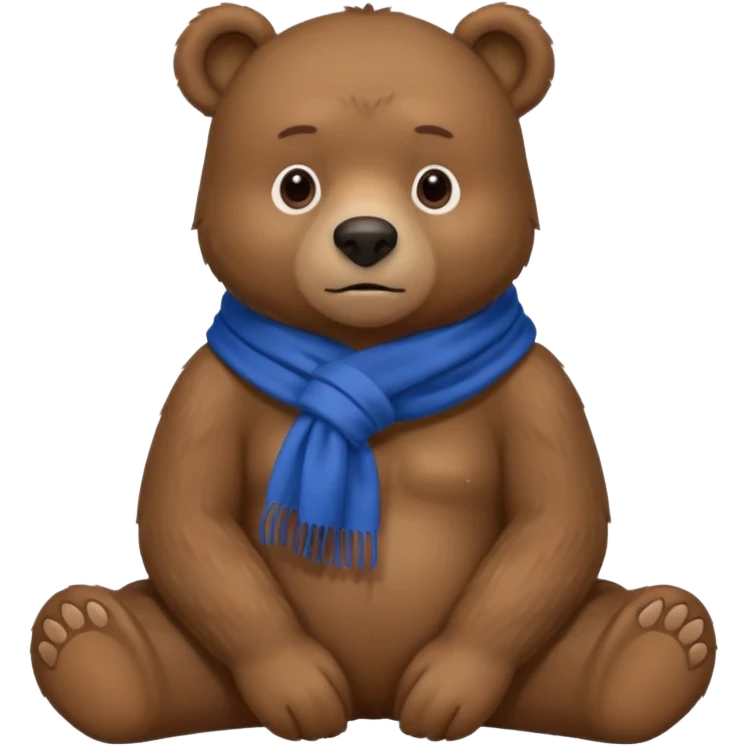 large serious-looking brown bear sitting wearing blue scarf no hat emoji