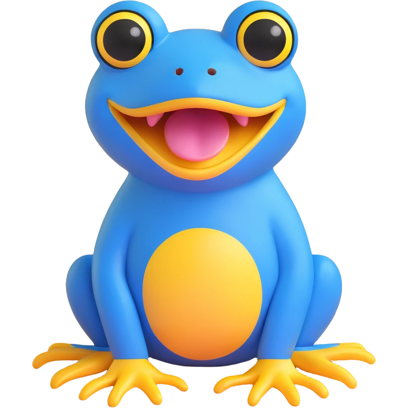 blue frog with a big yellow mouth and wide eyes, sitting, looks silly and sweet, suitable for kids, daily expression, circle time helper emoji