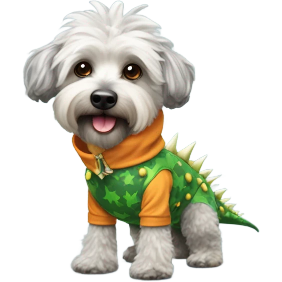 Schnoodle wearing a dinosaur costume emoji