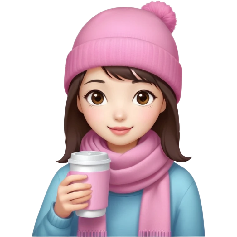 Cute East Asian girl, soft fair skin, big brown eyes, long lashes, natural pink lips, inward brown bob with straight bangs. Wearing pink beanie and scarf, rosy cheeks, shy smile, holding warm drink, snow,  emoji