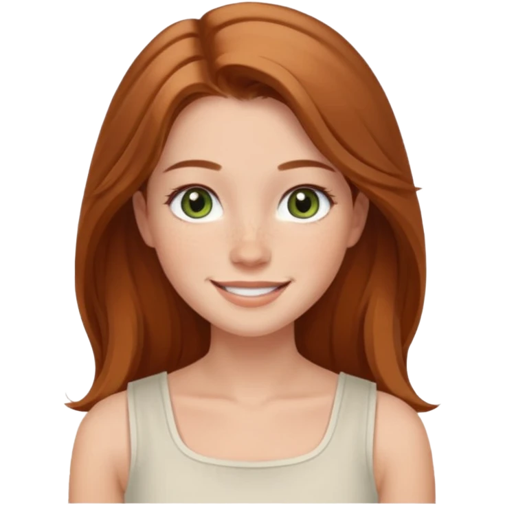 emoji of a woman named Freya McOmish, smiling, hazel green eyes, long light brown hair, subtle freckles, modern casual style, broad shoulders, wearing a white sleeveless square neck top emoji