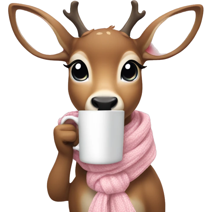 deer with a light pink scarf, wearing a light pink bow, holding a cup of coffee  emoji