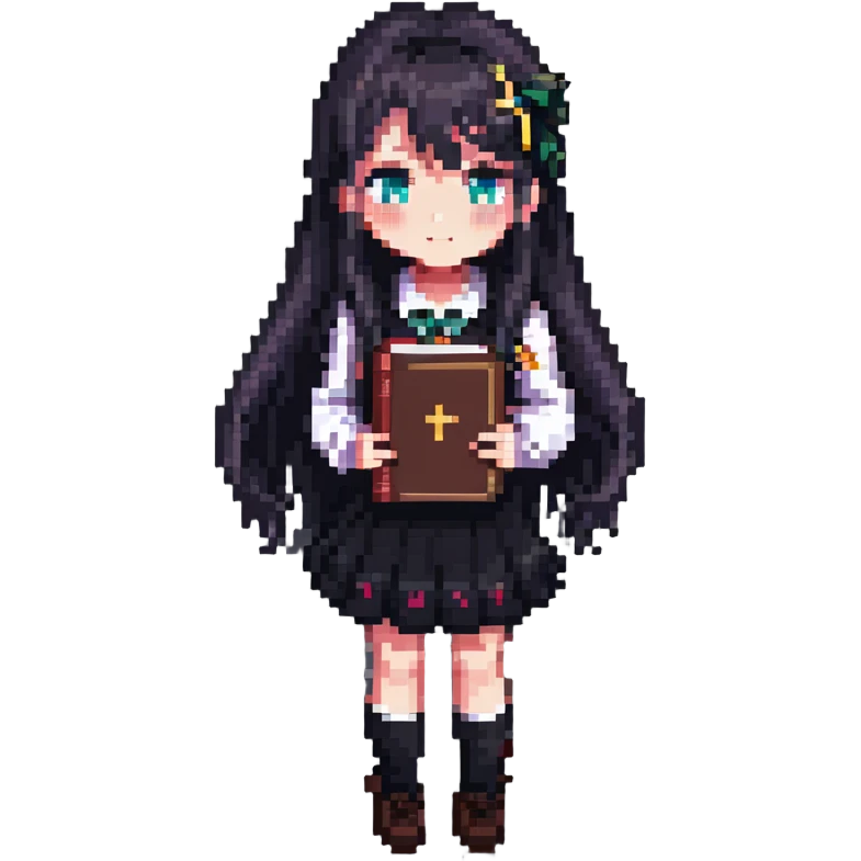 Japanese anime schoolgirl with long hair holding a book in pixel art style emoji