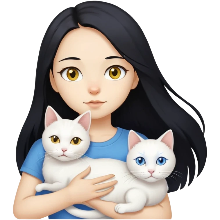 A girl with long black hair, fair-yellow skin, and brown eyes, wearing a white T-shirt, holding a white cat. The cat’s left eye is blue and its right eye is yellow. emoji