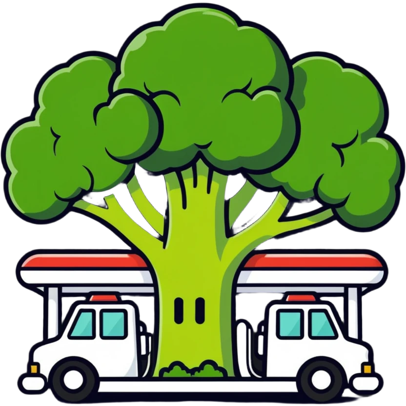 car gas station shaped like broccoli, humorous icon emoji