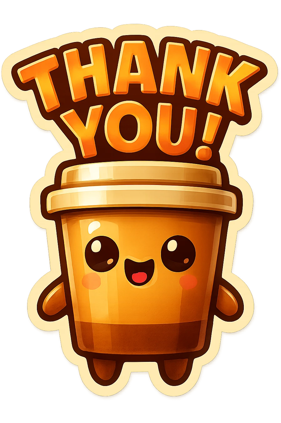 Tall coffee cup, big smile, big "THANK YOU!" emoji