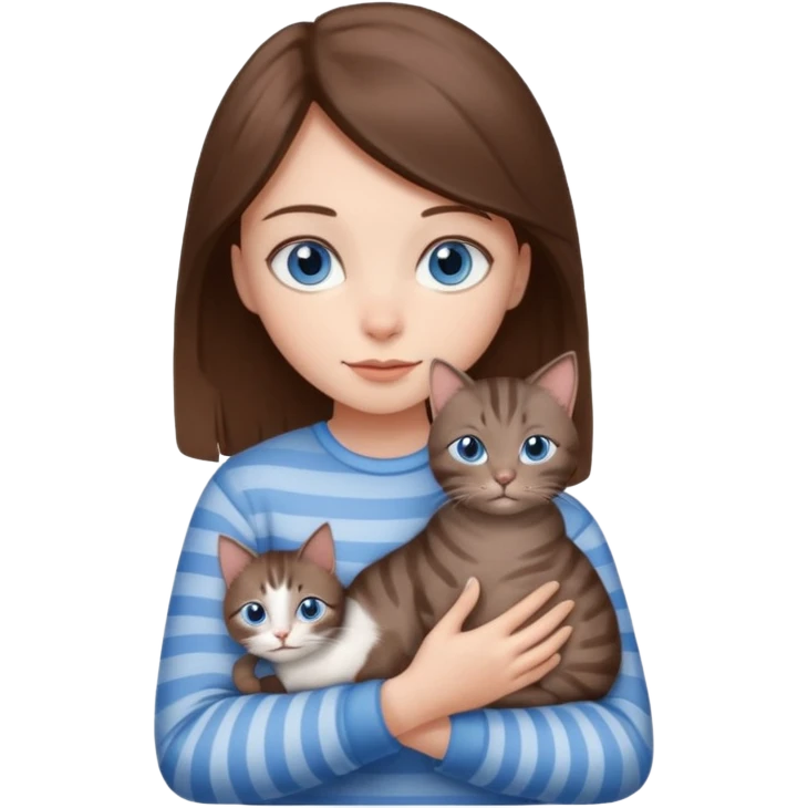 A girl with blue eyes and brown hair is holding a slightly striped gray cat in her arms. emoji