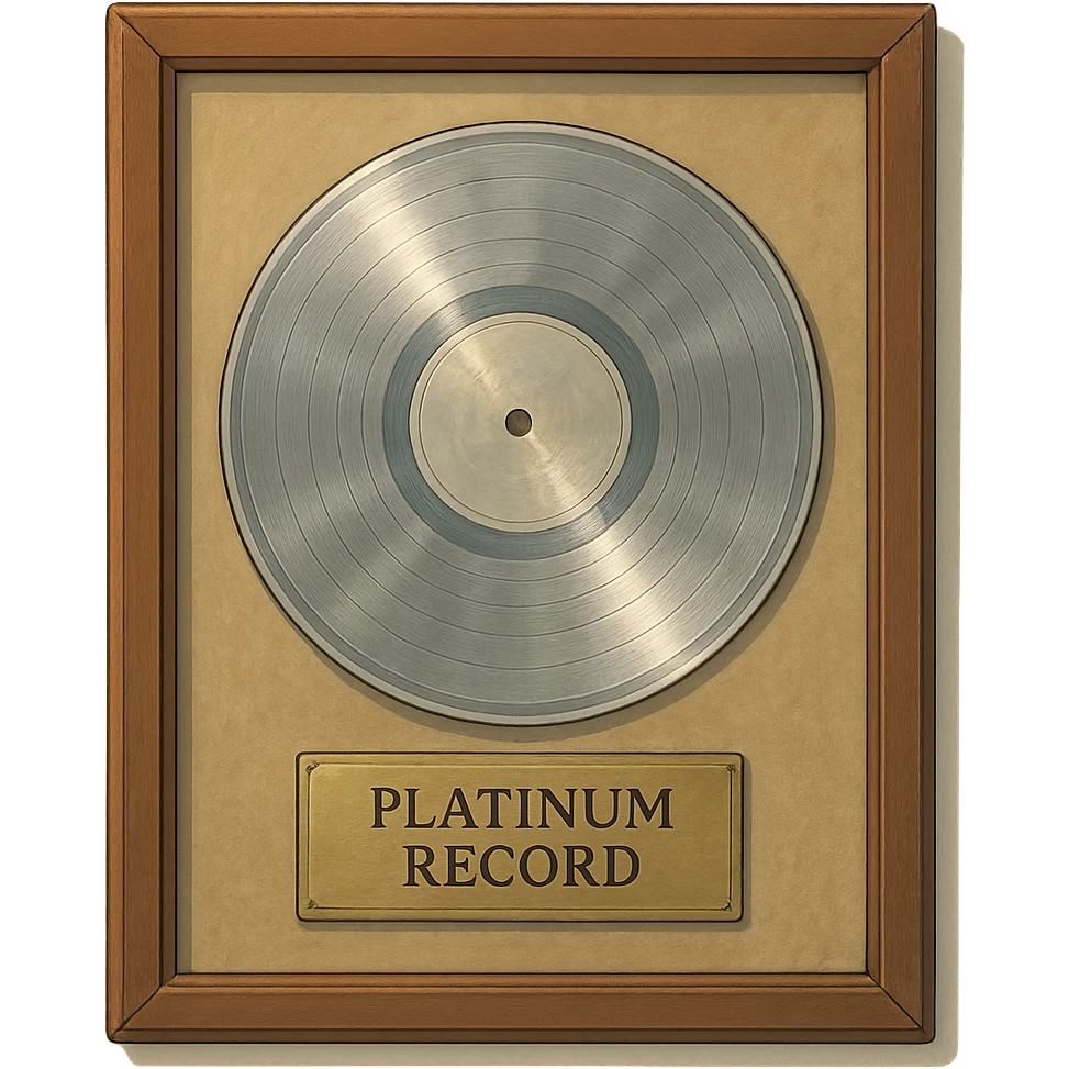 detailed ghibli style illustration of a platinum record award in a frame, soft lighting, elegant emoji
