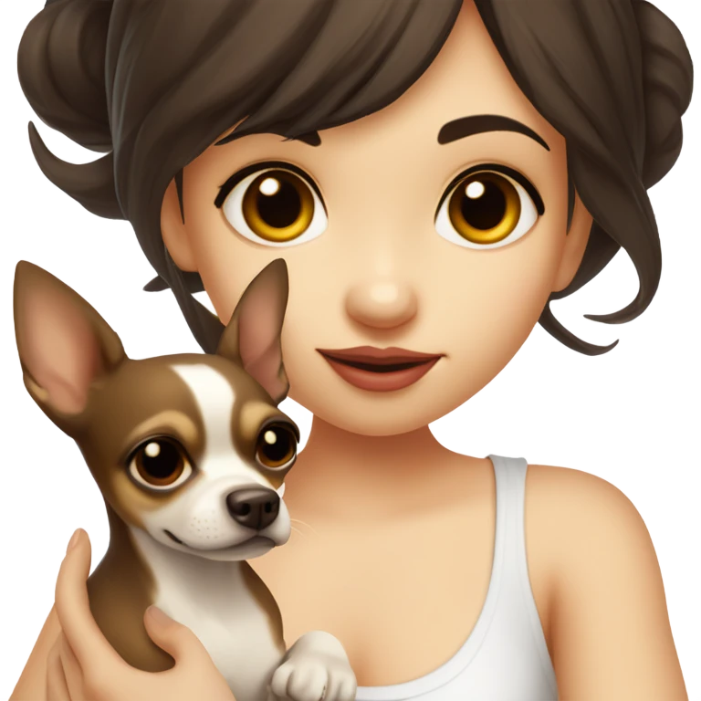 A girl with long, straight, very dark brown hair, big round brown eyes, and full, very big lips. She is wearing a white singlet top and holding a small chihuahua in her arms. The chihuahua is a solid light yellow colour with no markings emoji