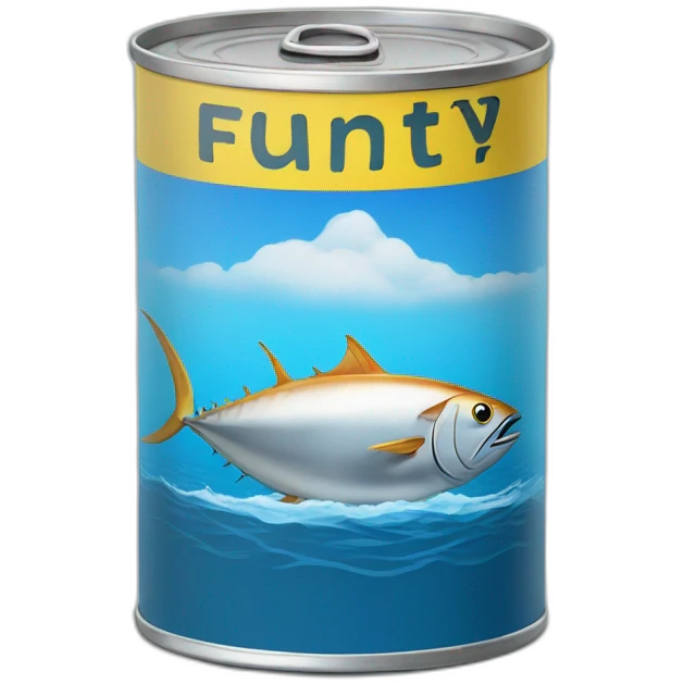 Realistic small can of tuna showing a blue sailling boat on a sea background emoji