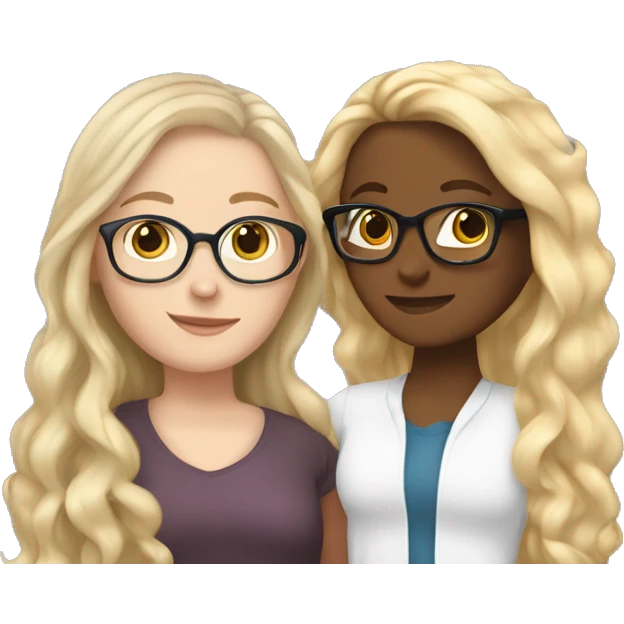 A a short white girl with long curl brown hair, hugging a tall white girl with blonde straight hair and clear glasses  emoji