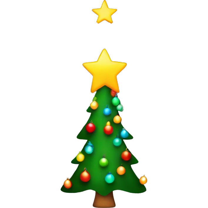 Christmas tree with yellow star topper, rainbow lights and red and green ornaments emoji