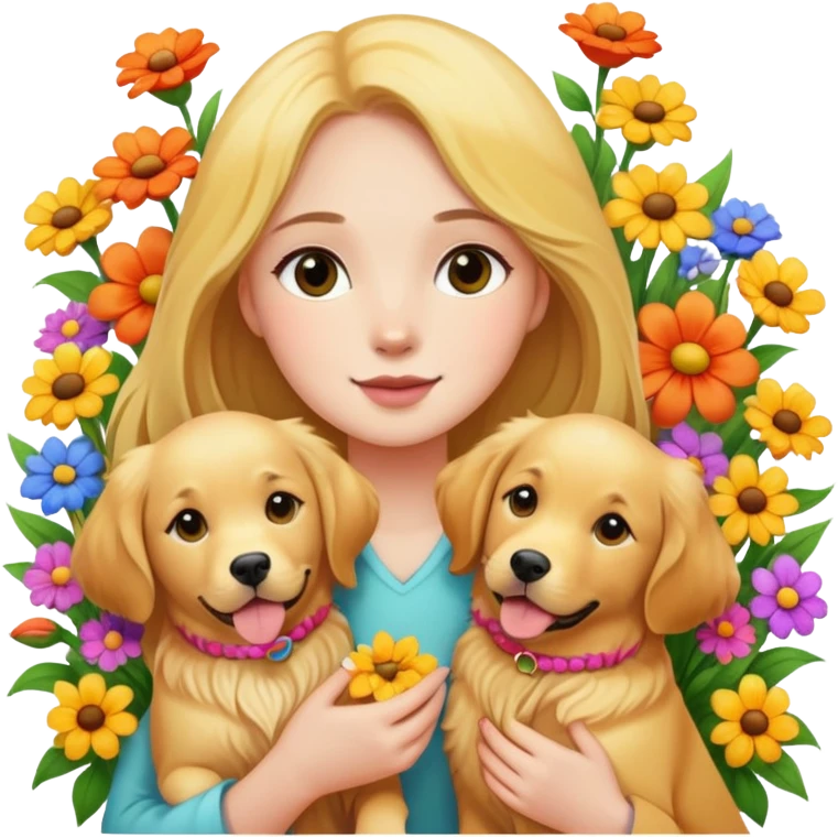 A girl is holding two golden retrievers in the flowers emoji