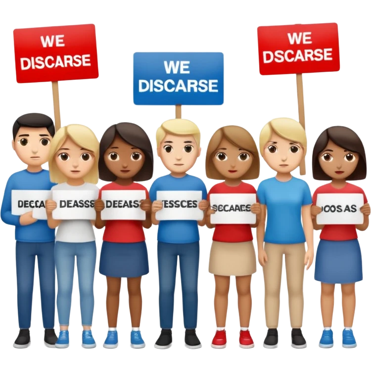 a crowd of people with unhappy faces and holding placards with the inscription: we disagree emoji