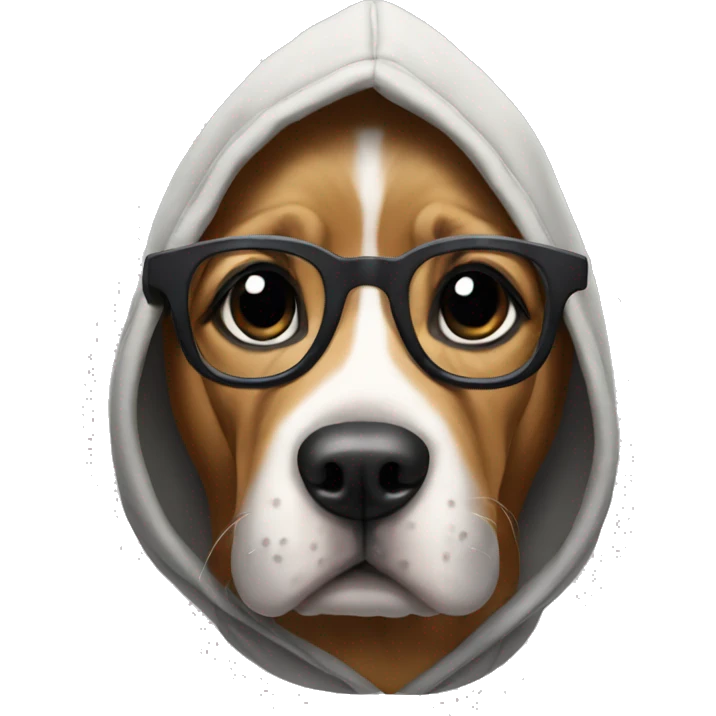 dog wearing hoodie raising one eyebrow with glasses emoji