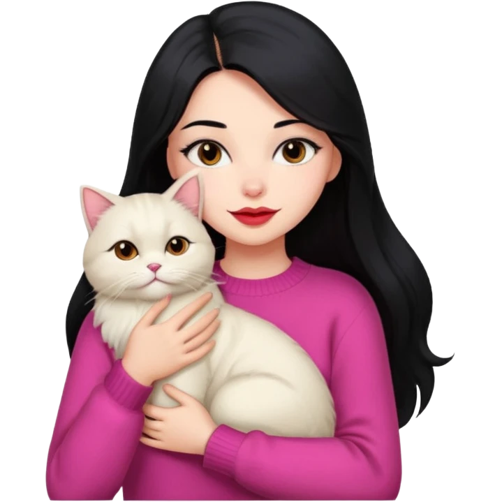 Beautiful girl Long Hair black, Skin White, Sweater Pink , Big Red Lips, Eyes coffe,Hug baby Persa Cream Cat  emoji