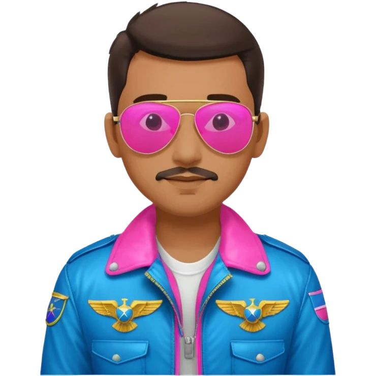 1980s cool man with stubble wearing reflective neon pink and blue aviator sunglasses and a pilot topgun jacket emoji