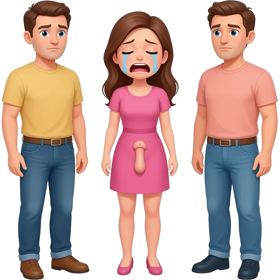 penis in the women mouth, the woman is crying and scared, the dick is placed between the men’s thighs no hands full body emoji