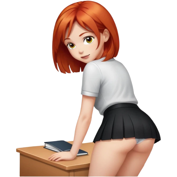 red haired girl bent over in office, short black office skirt, panties visible emoji
