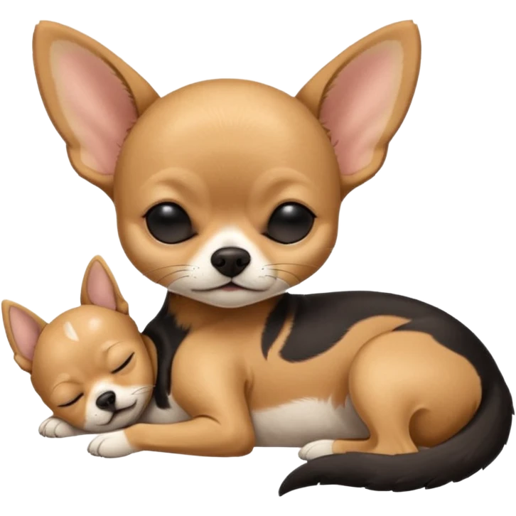A high-resolution photo-realistic digital illustration of a cute mainly  black and tan chihuahua with eyes closed shut sleeping lazily on the ground emoji