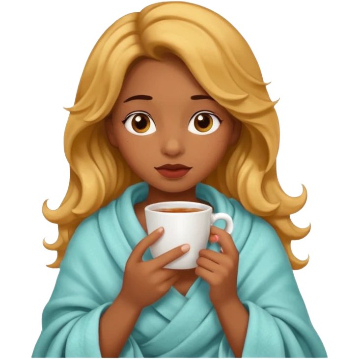 cute and sexy brown skin girl, golden wavy hair, sexy face expression, feeling sick, nose is red due to sickness, covered by blanket, holding tea mug in hands emoji