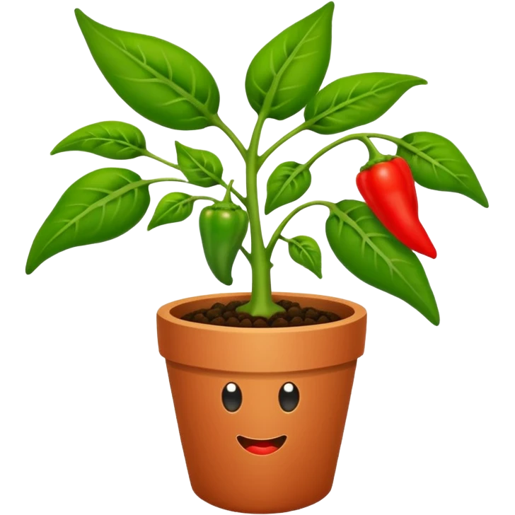 Potted green pepper plant with small red peppers growing on it emoji