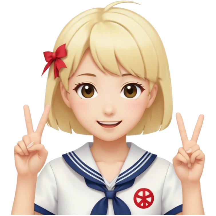Energetic anime girl with short blonde hair wearing Japanese sailor style school uniform, winking and making double peace signs, very cheerful and bubbly, kawaii style emoji