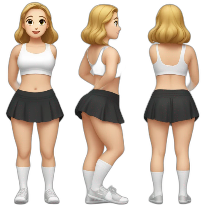 full-body-caucasian-curvy-beauty-doing-asana-bow-short-black-skirt-back-and-front-views-strong-wind-knickers-long-white-socks emoji