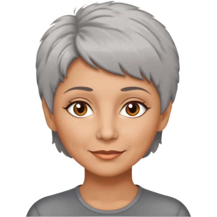 woman 50 years old, short grey fluffy cut hair, tannes skin and brown eyes emoji