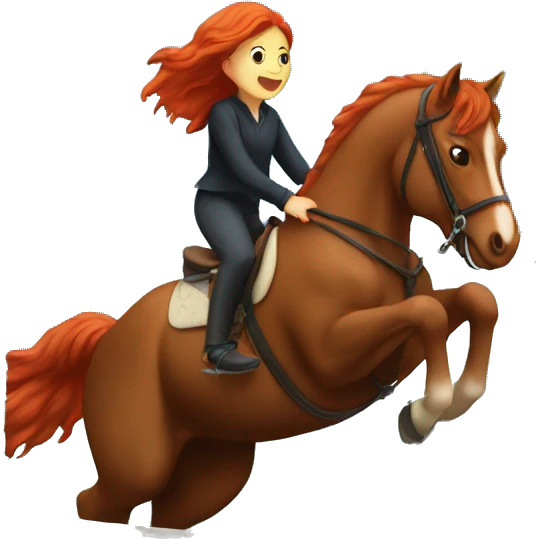 A girl with red hair riding a horse that is jumping over a wall emoji