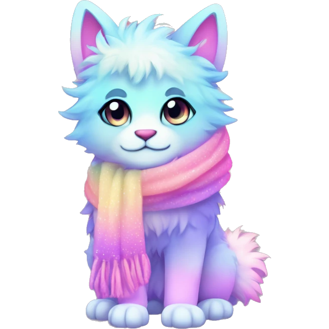 Edgy Kawaii cute gorgeous colorful sparkly bright light pastel gradient fantasy ethereal fluffy fursona animal creature with a cute scarf full body emoji