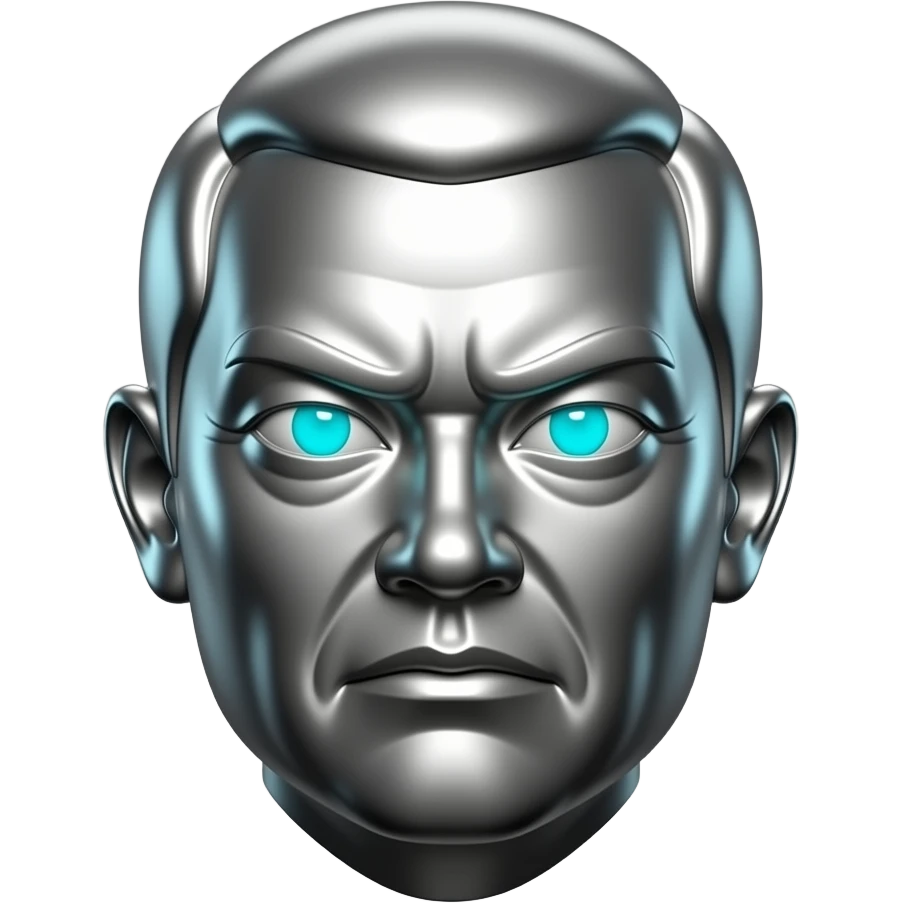 "A polished chrome chinese statue head, front-facing, serious focused expression, glowing cyan (#00D4B1) eyes, dark background. Metallic reflections with subtle cyan light accents. Clean, no background, emoji style, high detail. The statue represents discipline, focus and self-mastery." emoji