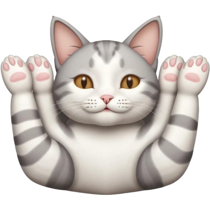 grey and white small cat eyes closed lying down upside down with paws stretched out straight in different directions emoji
