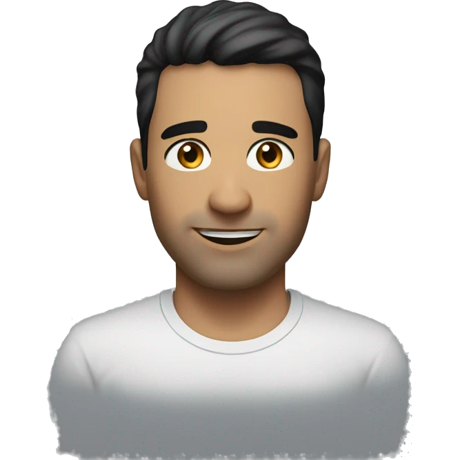 A head and shoulders shot of a 33 year old white man, with short black hair,   with brown eyes wearing a t-shirt. emoji