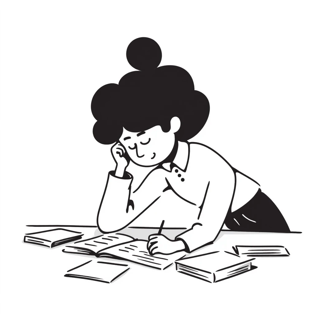 Girl student with messy hair studying hard for exam with papers spread out emoji