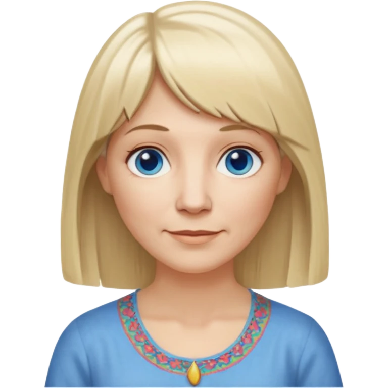 50 yr old white woman, hippie part short bangs, very long straight blond hair, oval face, small smile, blue eyes, thin face, hair downback, hair parted at center of head, round cheeks, pale, longer hair, white shirt emoji