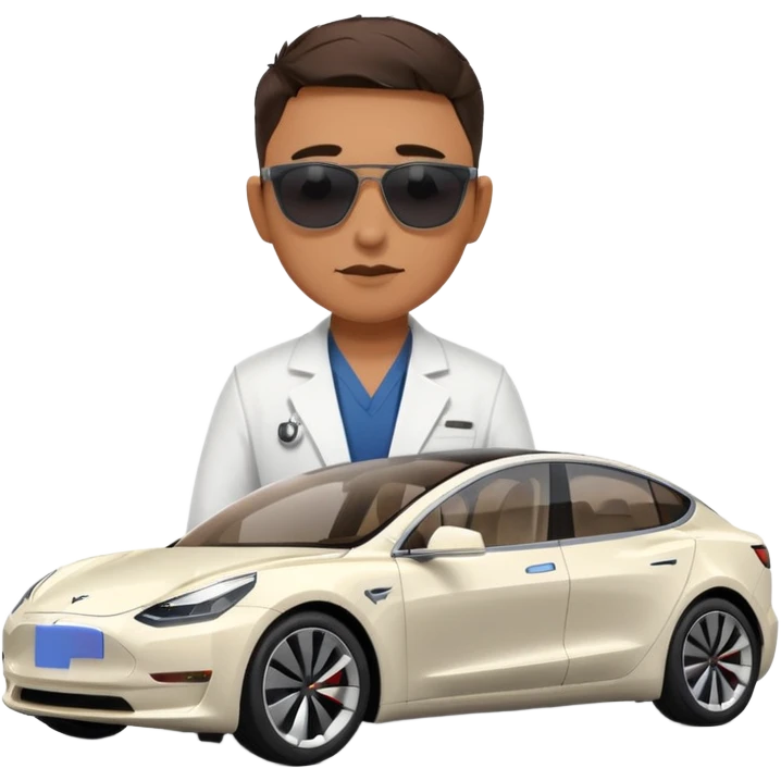 White tesla model 3 with a physician with sunglasses next to it emoji