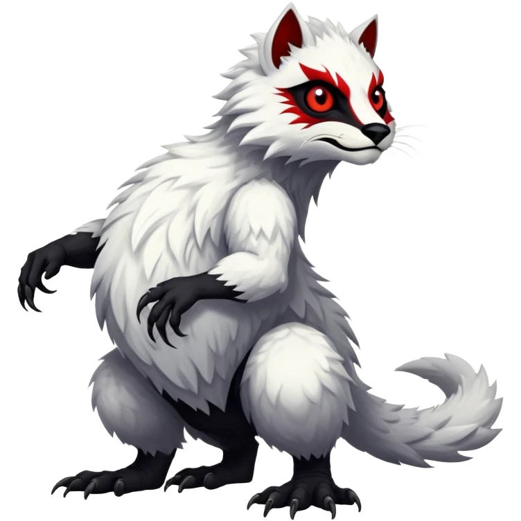 a white exotic edgy vernid-fionbri-creature, with black belly and red eyes, full body emoji