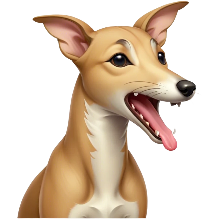 Cinematic Cute Yawning Fawn Greyhound Portrait Emoji, Head tilted slightly with a dramatic, wide-open yawn, showcasing a smooth fawn Fur with a refined finish, floppy ears slightly drooping, round eyes barely open in drowsy contentment, Simplified yet irresistibly adorable features, highly detailed, glowing with a soft, cozy glow, high shine, relaxed yet expressive, stylized with a touch of whimsy, bright and endearing, soft glowing outline, capturing the essence of a sleepy yet affectionate companion, so drowsy it feels like it could stretch out of the screen and curl up for a nap! emoji