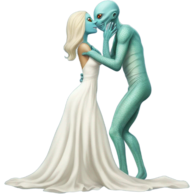 Alien reptilian woman in white dress hugs and kissing a normal "white male human man" in blue dress emoji