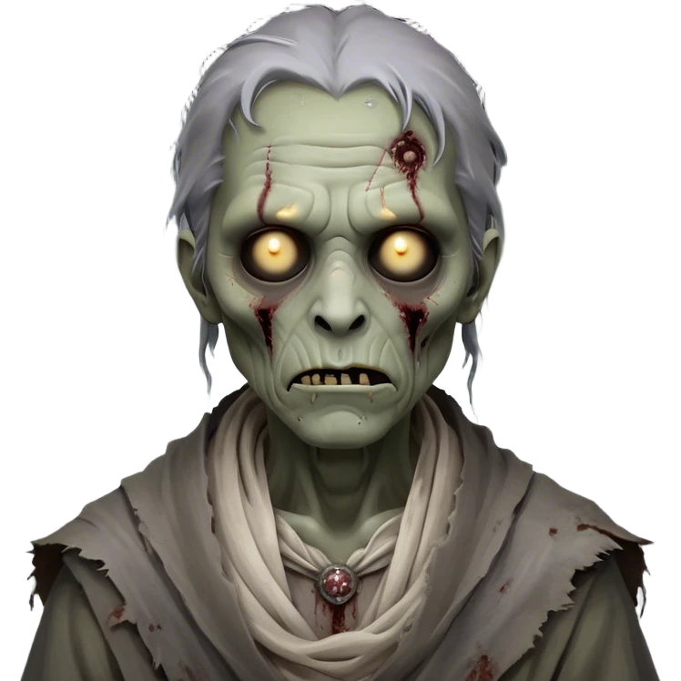Cinematic Noble Zombie Portrait Emoji, Surprisingly dignified and somber, with a decaying yet strangely regal visage in ashen grays and muted tones, draped in tattered attire hinting at a lost grandeur, simplified yet meticulously detailed, glowing with a soft, eerie radiance and a gentle outline that evokes the tragic nobility of the undead! emoji