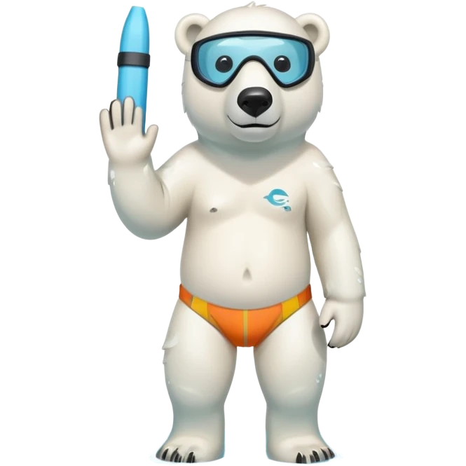 friendly anthropomorphised polar bear standing in a small puddle, wearing colorful board shorts, scuba mask over eyes, snorkel tube attached emoji