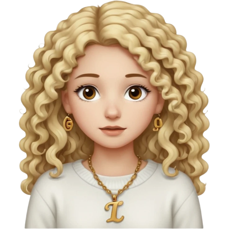 a dirty blonde girl with brown eyes and make her wearing a white sweater and a smallnecklace with I intial with really long curly hair and white skin color, long hair and really big lashes emoji