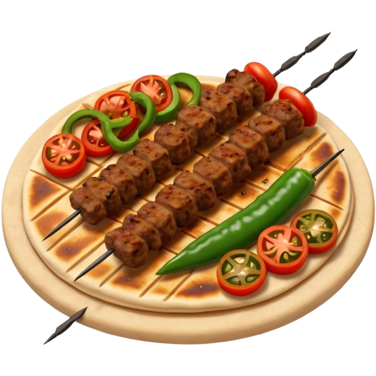 Adana kebab object icon, spicy grilled minced meat skewer, served on flatbread, grilled tomatoes and green peppers on the side, smoky char marks, juicy texture, 3D cartoon, mobile game icon style, centered, clean background, no text, no watermark
 emoji
